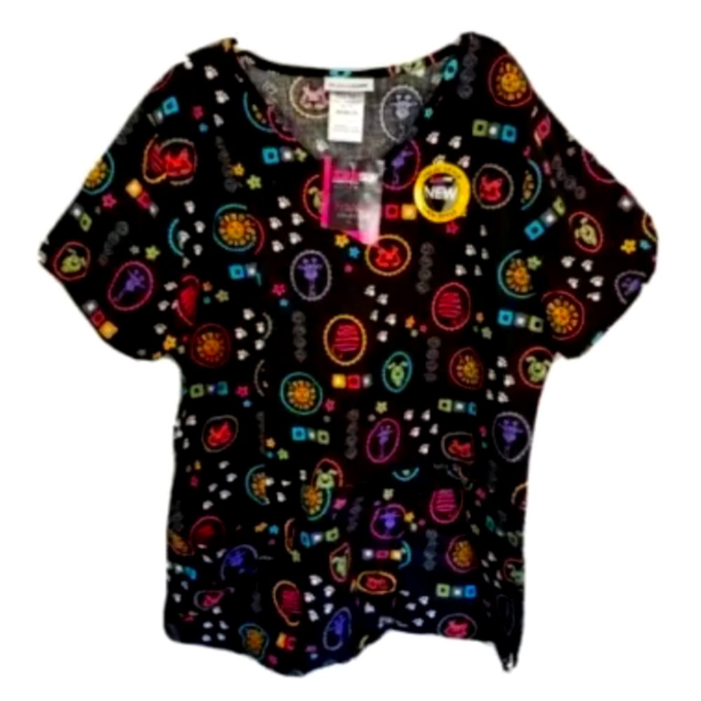 ScrubStar V-Neck Black Scrub Top w/Animal Print-Vet-Medical-Size XS-NEW w/Tags